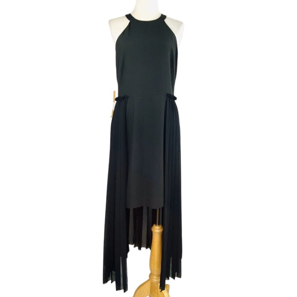 Rachel Roy High Neck Crepe Dress With Chiffon Overlay Black NWT Sz 8 Hi Low - Picture 6 of 11